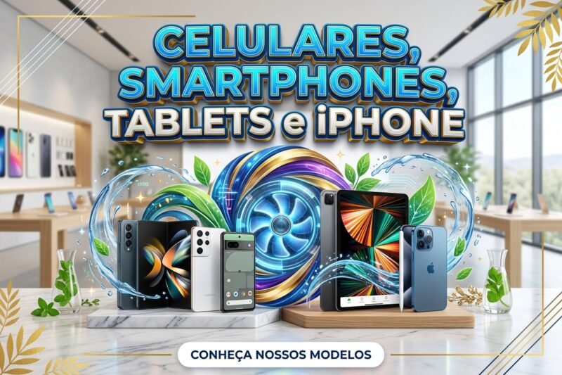 Texto Alternativo: Um banner retangular horizontal elegante para a M.A Web Store, focado na promoção de dispositivos móveis. O fundo é um metal prateado escovado com detalhes dourados. O texto "LOJA DE CELULARES" aparece à esquerda. Ao centro, quatro painéis retangulares mostram imagens de produtos premium e textos descritivos: O primeiro painel tem um iPhone (escuro com logotipo da Apple visível) e o texto "IPHONE"; o segundo painel tem um smartphone Samsung S23 Ultra (verde escuro com S-Pen) e o texto "SMARTPHONES"; o terceiro painel tem um tablet iPad (prateado com tela inicial visível) e o texto "TABLETS"; o quarto painel tem um pacote de acessórios (fone de ouvido, carregador, cabo e capa) e o texto "ACESSÓRIOS". Na extremidade direita, há um botão dourado com o texto "VER OFERTAS >". O banner transmite uma sensação de qualidade e tecnologia.