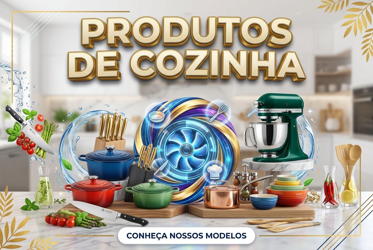Texto Alternativo: Banner retangular horizontal elegante da M.A Web Store, canal afiliado Mercado Livre, Amazon e AliExpress. À esquerda, destaca-se o logotipo "COZINHA & CIA." em tom bege e dourado. Ao centro, lê-se "ELEGÂNCIA & QUALIDADE PARA SUA COZINHA" e "ACESSÓRIOS PREMIUM & UTENSÍLIOS DE COZINHA". À direita, uma bancada moderna traz utensílios e uma panela de cobre, acompanhada do botão "VISITE AGORA →" para conferir as ofertas de afiliado.