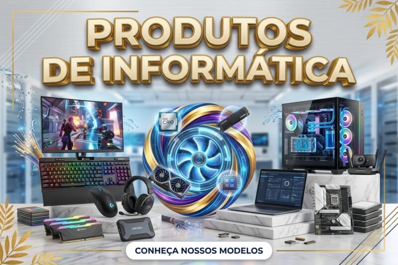 Banner de produtos de informática com notebook, computador, monitor, teclado, mouse, fones de ouvido, SSD e roteador, destacando qualidade, desempenho, melhores marcas e ofertas do Mercado Livre, Amazon e AliExpress.