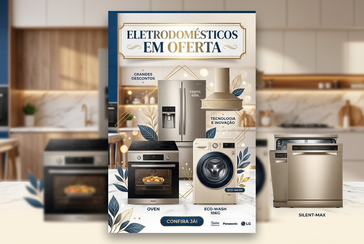 Banner promocional de eletrodomésticos na dimensão 1280x853 pixels, situado em um ambiente de cozinha moderna com iluminação aconchegante. No topo, em uma moldura geométrica dourada, destaca-se o título "Eletrodomésticos em Oferta". A composição apresenta uma seleção de produtos premium em inox e acabamentos modernos, incluindo geladeira side-by-side, fogão de embutir, máquina de lavar e lava-louças. Detalhes folheados em tons de azul e dourado trazem um toque elegante e criativo ao layout.