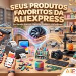 Banner da M.A. Web Store com produtos da AliExpress, destacando ofertas, tecnologia, variedade e recomendações de compras, com imagens de smartphone, fones de ouvido, smartwatch e drone.