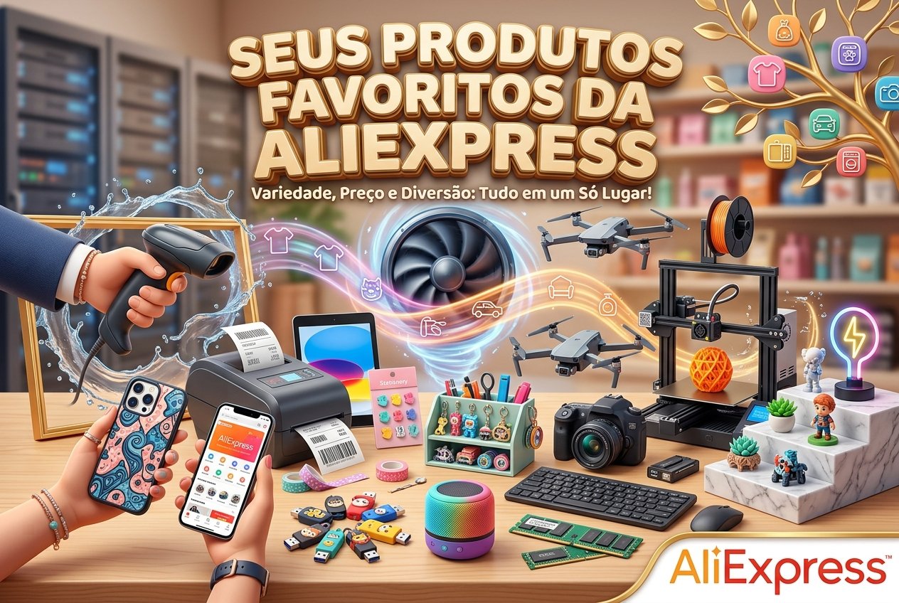 Banner da M.A. Web Store com produtos da AliExpress, destacando ofertas, tecnologia, variedade e recomendações de compras, com imagens de smartphone, fones de ouvido, smartwatch e drone.