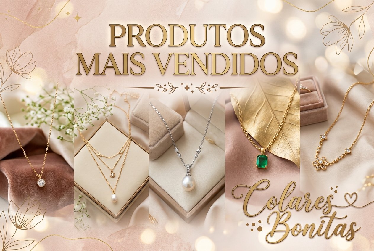 Banner promocional de joias na dimensão 1280x853 pixels, com estética elegante e sofisticada em tons de bege, dourado e rosa-chá. No topo, destaca-se o título em letras douradas "Produtos Mais Vendidos". A parte central apresenta uma galeria vertical exibindo cinco colares delicados em destaque: pingentes de ponto de luz, pérolas e pedras lapidadas. No canto inferior direito, lê-se a frase "Colares Bonitas" em tipografia fluida e decorativa.