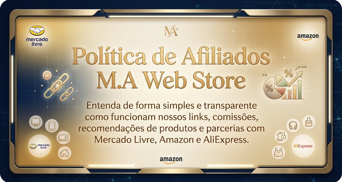 Banner institucional elegante nas cores dourado e azul-marinho com moldura metálica. No topo, ao centro, destaca-se o logotipo da M.A Web Store, acompanhado pelas marcas parceiras Mercado Livre, Amazon e AliExpress dispostas nas laterais. O título principal exibe 'Política de Afiliados M.A Web Store' em letras douradas reluzentes. Logo abaixo, lê-se o texto explicativo sobre o funcionamento simples e transparente dos links de afiliados, comissões e recomendações de produtos da loja. O design inclui ícones sutis de elos de corrente, gráficos digitais e eletrônicos sobre um fundo iluminado.
