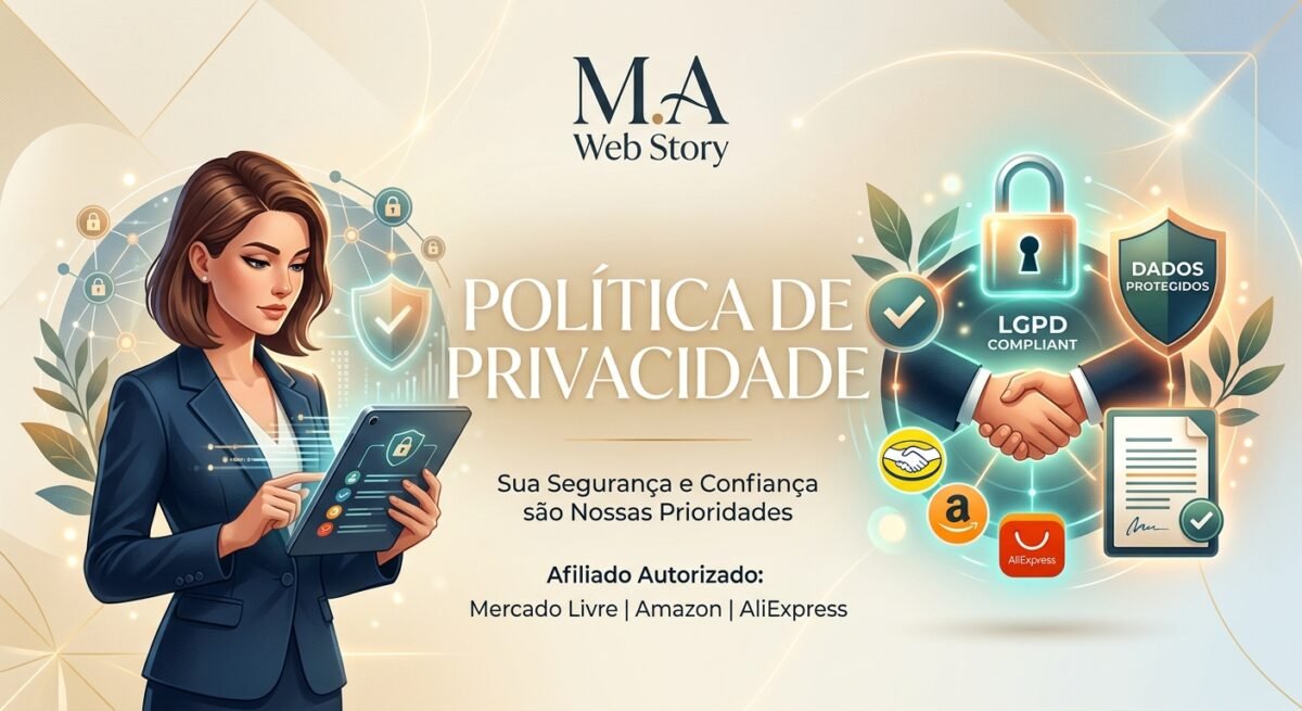 "Banner ilustrativo e elegante para a página de Política de Privacidade do M.A Web Story. À esquerda, uma mulher profissional segura um tablet exibindo escudos de proteção de dados. No centro, destaca-se em letras grandes o título 'Política de Privacidade' acompanhado do texto 'Sua Segurança e Confiança são Nossas Prioridades' e a indicação de Afiliado Autorizado Mercado Livre, Amazon e AliExpress. À direita, elementos gráficos de segurança digital incluem cadeado, escudo com a inscrição LGPD Compliant e aperto de mãos simbolizando parceria e confiança, em tons elegantes de creme, dourado e azul."
