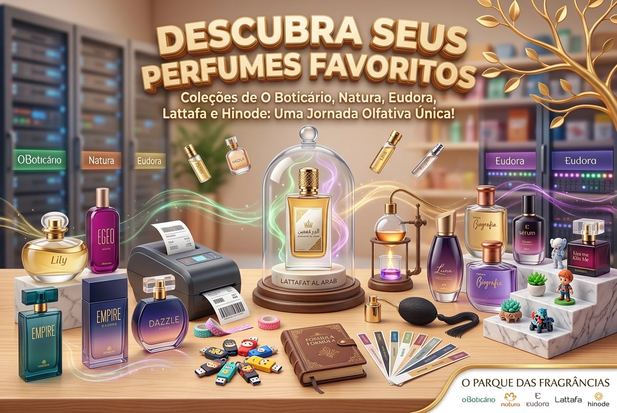Banner elegante com perfumes O Boticário e outras grandes marcas, destacando fragrâncias, beleza e qualidade para diferentes estilos.