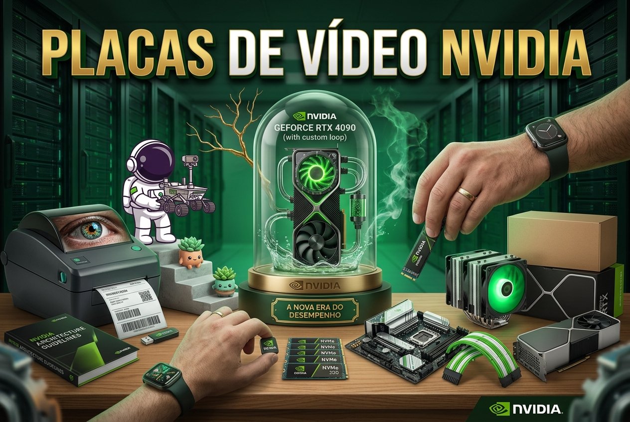 Placas de vídeo NVIDIA com destaque para desempenho, qualidade, tecnologia e gráficos avançados para jogos e computadores.