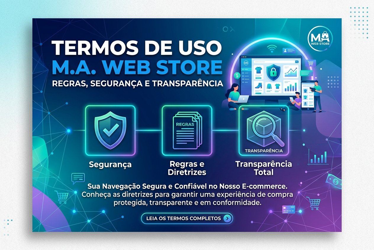 Banner promocional azul e roxo da M.A. Web Store sobre Termos de Uso. O design traz ícones neon destacando Segurança, Regras e Diretrizes, e Transparência Total, acompanhados da ilustração de uma loja virtual protegida e um botão de ação com a frase "Leia os termos completos".